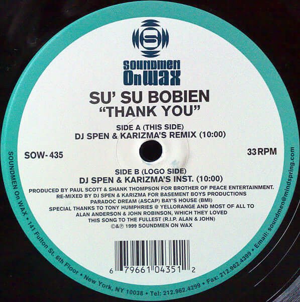 Su Su Bobien - Thank You (DJ Spen & Karizma Remixes) Vinyl