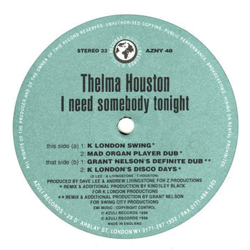 Thelma Houston - I Need Somebody Tonight (Remixes By K London & Grant Nelson) Vinyl Vinly Record