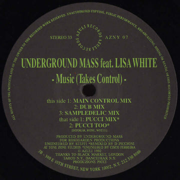 Underground Mass Feat. Lisa White - Music (Takes Control) Vinyl Vinly Record