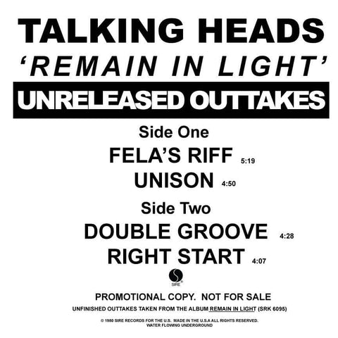Talking Heads - Remain In Light - Unreleased Outakes - Artists Talking Heads Genre Art Rock Release Date 1 Jan 2024 Cat No. PRO-A-1047 Format 12" Vinyl - Sire - Sire - Sire - Sire - Vinyl Record