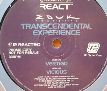 Zouk Presents Transcendental Experience - Vertigo / Vicious Vinyl Vinly Record