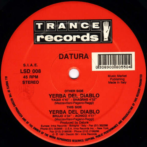 Datura - Yerba Del Diablo - Datura : Yerba Del Diablo (12") is available for sale at our shop at a great price. We have a huge collection of Vinyl's, CD's, Cassettes & other formats available for sale for music lovers - Trance Records (2) - Trance Records - Vinyl Record