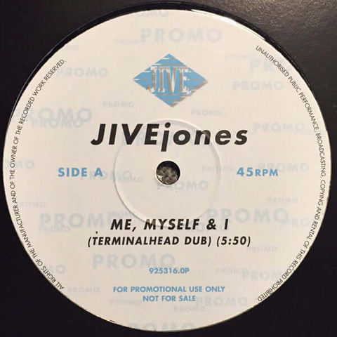 Jive Jones - Me, Myself & I - Jive Jones : Me, Myself & I (12", Promo) is available for sale at our shop at a great price. We have a huge collection of Vinyl's, CD's, Cassettes & other formats available for sale for music lovers - Jive - Jive - Jive - Jiv - Vinyl Record