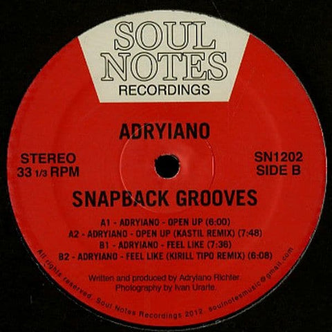 Adryiano - Snapback Grooves (Repress) (Vinyl) - Adryiano - Snapback Grooves (Repress) (Vinyl) at ColdCutsHotWax Label: Soul Notes ‎– SN1202 Format: Vinyl, 12", EP, Repress Country: Spain Released: 2016 Genre: Electronic Style: House, Deep House, Garage Ho - Vinyl Record