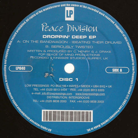 Peace Division - Droppin' Deep EP - Peace Division : Droppin' Deep EP (2x12", EP) is available for sale at our shop at a great price. We have a huge collection of Vinyl's, CD's, Cassettes & other formats available for sale for music lovers - Low Pressings - Vinyl Record