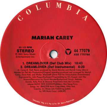 Mariah Carey - Dreamlover - Artists Mariah Carey Genre Garage House, Pop Release Date 1 Jan 1993 Cat No. 44 77079 Format 12