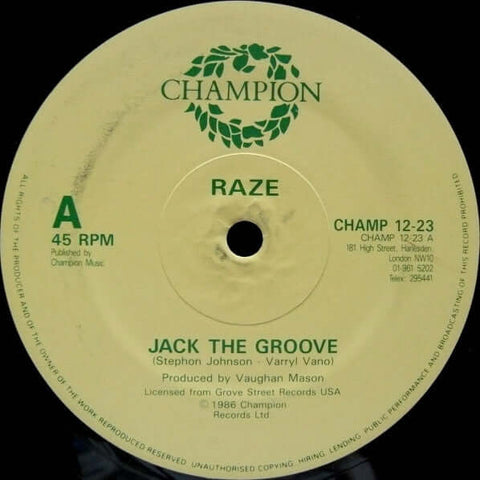 Raze - Jack The Groove - Raze : Jack The Groove (12") is available for sale at our shop at a great price. We have a huge collection of Vinyl's, CD's, Cassettes & other formats available for sale for music lovers - Champion - Champion - Champion - Champion - Vinyl Record