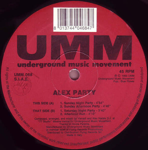 Alex Party - Alex Party - Alex Party : Alex Party (12") is available for sale at our shop at a great price. We have a huge collection of Vinyl's, CD's, Cassettes & other formats available for sale for music lovers - UMM - UMM - UMM - Alex Party - Alex Par - Vinyl Record