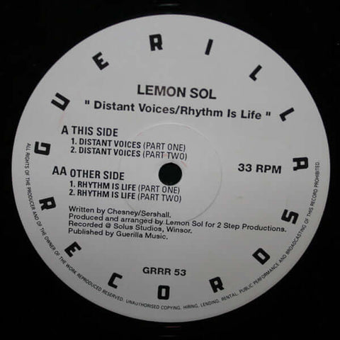 Lemon Sol : Distant Voices / Rhythm Is Life (12") is available for sale at our shop at a great price. We have a huge collection of Vinyl's, CD's, Cassettes & other formats available for sale for music lovers - Vinyl Record