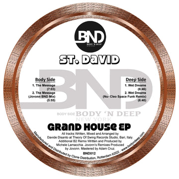 St David - Grand House - Artists St David Genre Deep House Release Date 21 Apr 2023 Cat No. BND012 Format 12