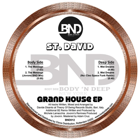 St David - Grand House - Artists St David Genre Deep House Release Date 21 Apr 2023 Cat No. BND012 Format 12" Vinyl - Body 'N Deep - Body 'N Deep - Body 'N Deep - Body 'N Deep - Vinyl Record