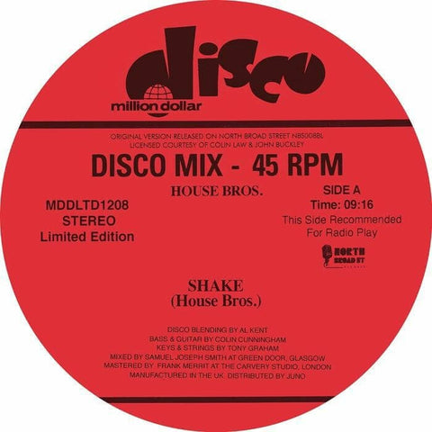 House Bros - 'Shake' Vinyl - Artists House Bros Genre Disco Edits Release Date 16 Dec 2022 Cat No. MDDLTD 1208 Format 12" Single Sided Vinyl - Million Dollar Disco - Vinyl Record