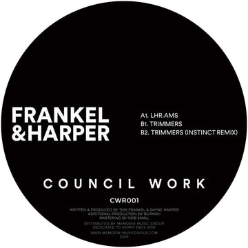 Frankel & Harper - Trimmers EP (Vinyl) - Frankel & Harper - Trimmers EP (Vinyl) - The debut EP on Council Work from label owners Frankel & Harper. The Trimmers EP contains 2 originals, the first in the form of 