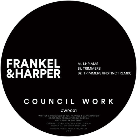 Frankel & Harper - Trimmers EP (Vinyl) - Frankel & Harper - Trimmers EP (Vinyl) - The debut EP on Council Work from label owners Frankel & Harper. The Trimmers EP contains 2 originals, the first in the form of "LHR.AMS", a heavyweight slice of UKG with st - Vinyl Record
