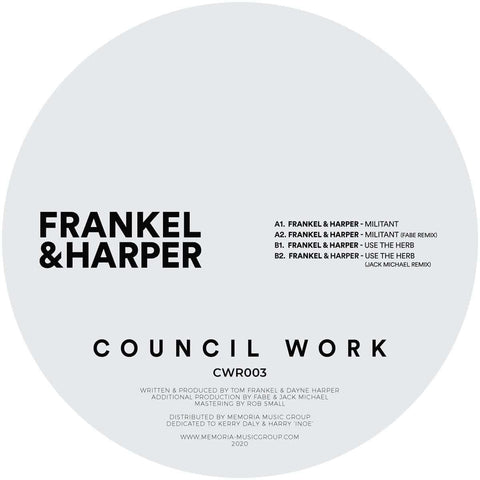 Frankel & Harper - Militant - Frankel & Harper - Militant EP (Vinyl) - Council Work returns with the next installment of their journey, this time with the Militant EP. Two original tracks from the label bosses... - Council Work - Council Work - Council Wo - Vinyl Record