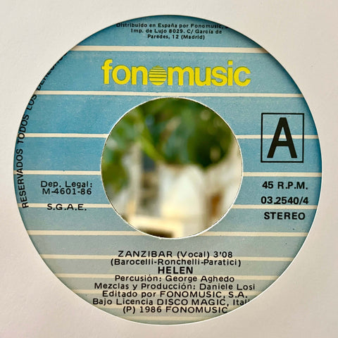 Helen - Zanzibar - Artists Helen Genre Italo-Disco, Balearic Release Date 1 Jan 1986 Cat No. 03.2540 4 Format 7" Vinyl - Fonomusic - Fonomusic - Fonomusic - Fonomusic - Vinyl Record