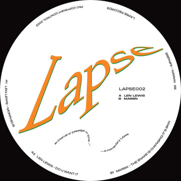Len Lewis / Mariiin - 'LAPSE002' Vinyl - Artists Len Lewis, Mariiin Genre Tech House, Breaks Release Date 9 Dec 2022 Cat No. LAPSE002 Format 12