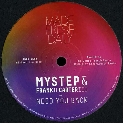 Mystep & Frank H. Carter III - 'Need You Back' Vinyl - Artists Mystep & Frank H. Carter III Genre Deep House Release Date 29 May 2015 Cat No. MFD025 Format 12" Vinyl - Made Fresh Daily - Vinyl Record