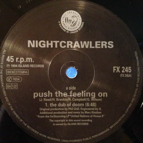 Nightcrawlers - Push The Feeling On - MK Mixes - Artists Nightcrawlers Genre House, Classic Release Date 3 Oct 1994 Cat No. 857 773.1 Format 12" Vinyl - FFRR - FFRR - FFRR - FFRR - Vinyl Record
