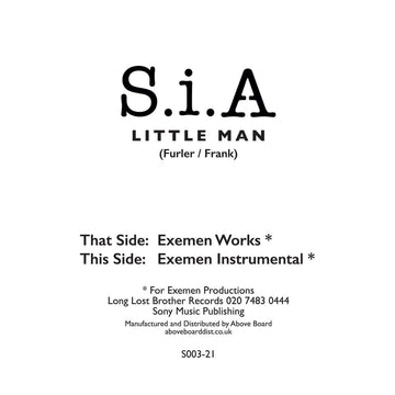 S.I.A - Little Man (Exemen Works) - Artists S.I.A Genre UK Garage Release Date 29 Jul 2022 Cat No. S003-21 Format 12