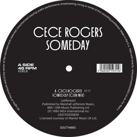 Ce Ce Rogers - Someday - Artists Ce Ce Rogers Genre Soulful House, Reissue Release Date 10 Feb 2023 Cat No. SOUTH005 Format 12" Vinyl - South Street - South Street - South Street - South Street - Vinyl Record