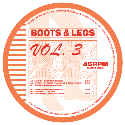Various Artists - Boots & Legs Vol.3 EP (Vinyl) Various Artists - Boots & Legs Vol.3 EP (Vinyl) - It’s the start of a new era for the cobbers, as they present their first compilation of 100% original music. Cementing the label’s New Age Italo manifesto, t - Vinyl Record