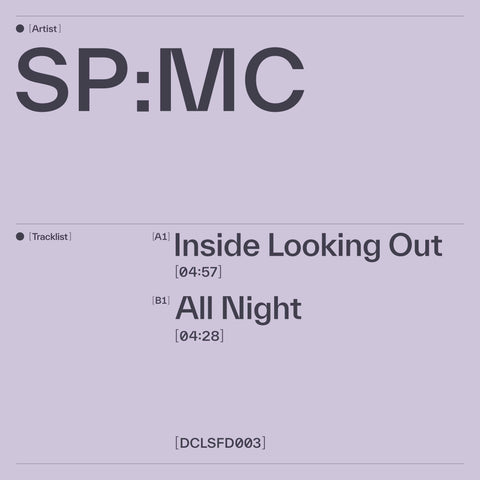 SP:MC - Inside Looking Out / All Night - Artists SP:MC Genre UK Garage, Bass Release Date 22 April 2022 Cat No. DCLSFD003 Format 12" Vinyl - Declassified Records - Declassified Records - Declassified Records - Declassified Records - Vinyl Record